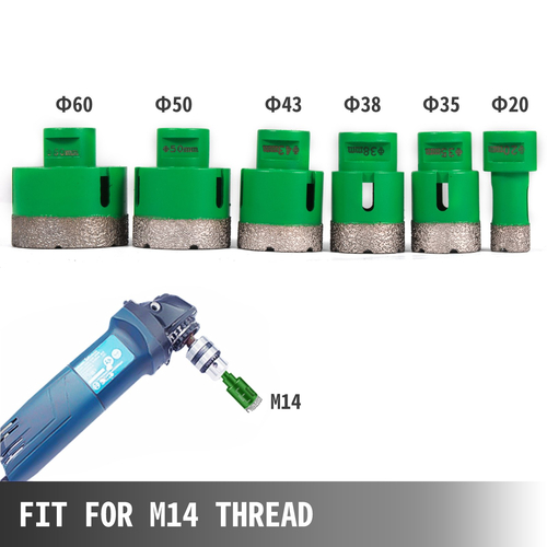 VEVOR 6PCS Diamond Holesaw Set Diamond Drill Bits Core, M14 20/35/38/43/50/60MM Τρυπάνι κοπής με τρύπες, M14 νήμα Σημείο-Ακριβής διάτρηση για πλακάκια κεραμικός γρανίτης