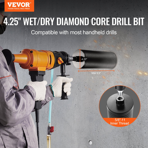 Τρυπάνι VEVOR Core, 4,25&quot; Wet/Dry Diamond Core Drill Drill for Brick and Block, Τρυπάνι πυρήνα σκυροδέματος με προσαρμογέα μύτης πιλότου και λεπίδα πριονιού, βάθος διάτρησης 9,5&quot;, 5/8&quot;-11 εσωτερικό σπείρωμα, συγκόλληση με λέιζερ