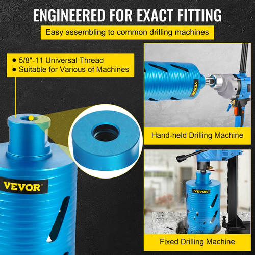VEVOR Diamond Core Drill, 4&quot;/101mm Diameter Core Drill Drill, 9,5&quot;/241mm Concrete Core Drill Drill, 5/8\&quot;-11 Thread Core Bit, Dry/Wet Drill Drill Bit with a Lade, Diamond Wet Coring Bit for Concrete