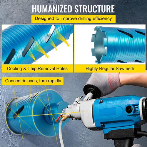 VEVOR Diamond Core Drill, 4&quot;/101mm Diameter Core Drill Drill, 9,5&quot;/241mm Concrete Core Drill Drill, 5/8\&quot;-11 Thread Core Bit, Dry/Wet Drill Drill Bit with a Lade, Diamond Wet Coring Bit for Concrete