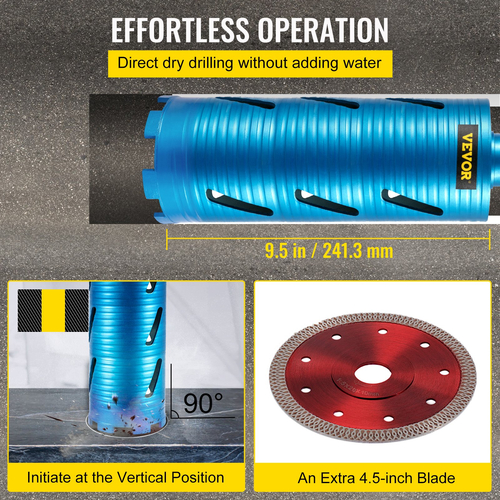 VEVOR Diamond Core Drill, 4&quot;/101mm Diameter Core Drill Drill, 9,5&quot;/241mm Concrete Core Drill Drill, 5/8\&quot;-11 Thread Core Bit, Dry/Wet Drill Drill Bit with a Lade, Diamond Wet Coring Bit for Concrete