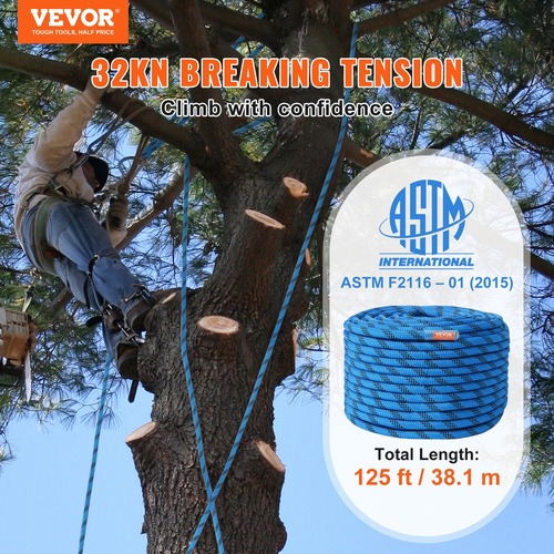 VEVOR 12,7mm Static Climbing Rope 38M(125ft) Outdoor Rock Climbing Rope Blue