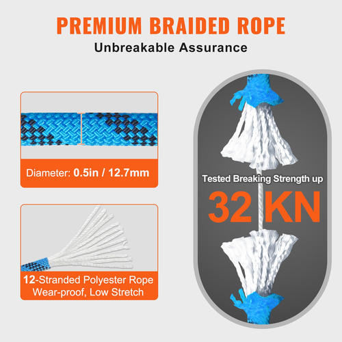 VEVOR 12,7mm Static Climbing Rope 38M(125ft) Outdoor Rock Climbing Rope Blue