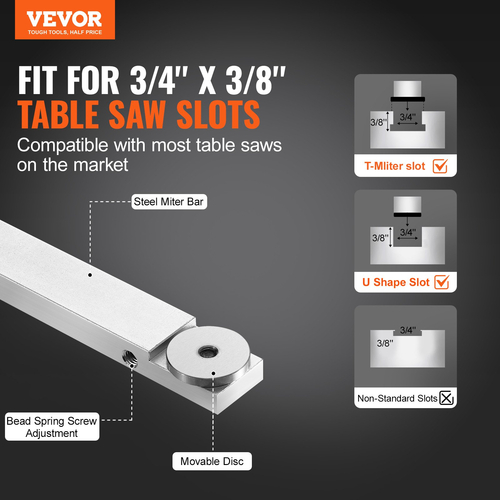 VEVOR Precision Miter Gauge, τυπική υποδοχή 3/4&#039;&#039; x 3/8&#039;&#039;, Επιτραπέζιο πριόνι από κράμα αλουμινίου Μετρητής κοπής 24 ιντσών 15 γωνιακών στοπ με ρυθμιζόμενο έμβολο με ελατήριο και αφαιρούμενος δίσκος, για ξυλουργική