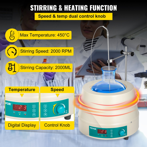 VEVOR 2000ML Magnetic Stirrer Heating Mantle 450W Electric Digital Heating Mantle Lab Equipment Στρογγυλό κάτω μέρος για θέρμανση και ανάδευση υγρών