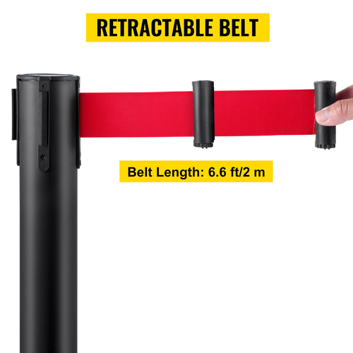 VEVOR Crowd Control Stanchion, Σετ 6 τεμαχίων Stanchion Set, Stanchion Set w/ 6,6 ft/2 m Red Retractable Belt, Black Crowd Control Barrier με λαστιχένια βάση – Συναρμολόγηση Easy Connect για έλεγχο του πλήθους
