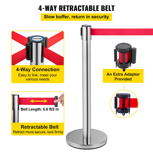 VEVOR Crowd Control Stanchion, Σετ 6 τεμαχίων Stanchion Set, Stanchion Set w/ 6,6ft/2m Κόκκινη ανασυρόμενη ζώνη, Ασημί φράγμα ελέγχου πλήθους με στιβαρή λαστιχένια βάση–Σύστημα εύκολης σύνδεσης για έλεγχο πλήθους