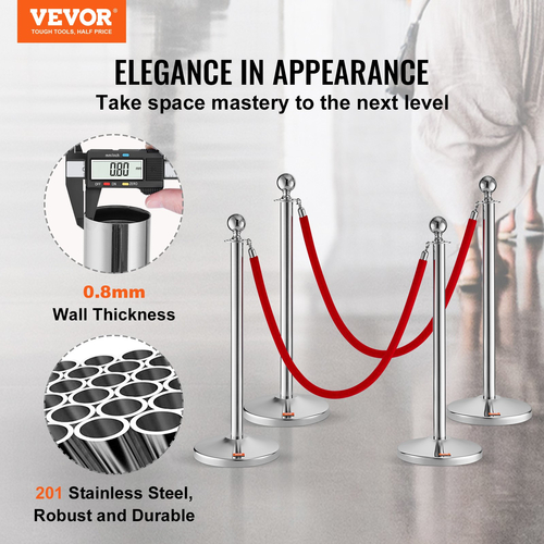 VEVOR Stanchion Post με Velvet Rope, 4-pack Crowd Control Stanchion with 2PCS 5FT Red Velvet Ropes, inox Queue Barrier Line Divier with fillable Plastic Base, Ball Top for Wedding Museum
