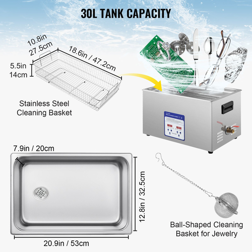 VEVOR Digital Ultrasonic Cleaner 30L Ultrasonic Cleaning Machine 40kHz Sonic Cleaner Machine 316 &amp; 304 Stainless Steel Ultrasonic Cleaner Machine with Heater &amp; Timer for Cleaning Jewelry Glasses Watch