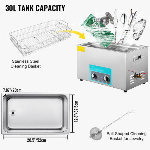 VEVOR 30L Ultrasonic Cleaner Καθαριστικό κοσμημάτων με χρονοδιακόπτη θερμάστρας για πόμολο καθαρισμού κοσμημάτων Δαχτυλίδια γυαλιών Οδοντοστοιχίες Μουσικά όργανα