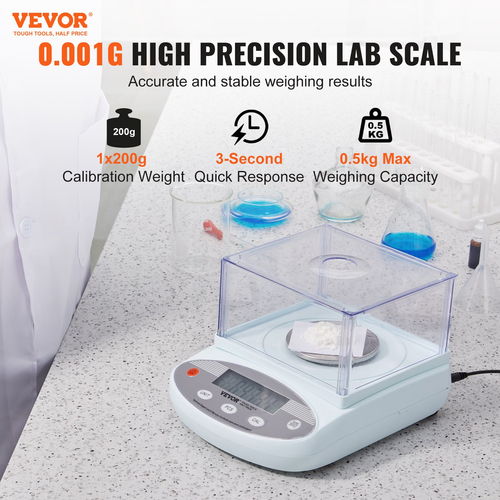 VEVOR Analytical Balance Lab Scale 500g x 0,001g 13 Units with Windshield LCD