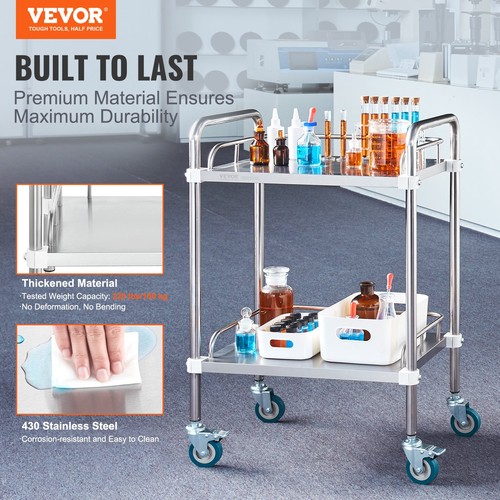 VEVOR Lab Rolling Cart, 2-ράφι από ανοξείδωτο ατσάλι, καρότσι σερβιρίσματος εργαστηρίου με περιστρεφόμενους τροχούς, Dental Utility Cart for Clinic, Lab, Hospital, Salon, 15,16&quot;x21,57&quot;x34,06