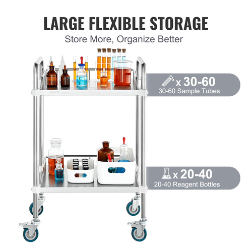 VEVOR Lab Rolling Cart, 2-ράφι από ανοξείδωτο ατσάλι, καρότσι σερβιρίσματος εργαστηρίου με περιστρεφόμενους τροχούς, Dental Utility Cart for Clinic, Lab, Hospital, Salon, 15,16&quot;x21,57&quot;x34,06
