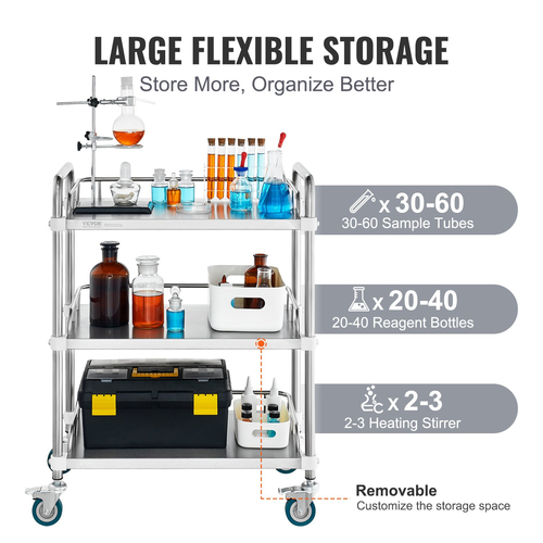 VEVOR Lab Rolling Cart, 3-ράφι από ανοξείδωτο ατσάλι, καρότσι σερβιρίσματος εργαστηρίου με περιστρεφόμενους τροχούς, Dental Utility Cart for Clinic, Lab, Hospital, Salon, 26,38&quot;x15,55&quot;x34,13