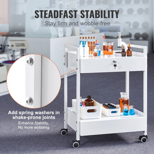 VEVOR Lab Cart, 2 επιπέδων ανοξείδωτο καρότσι χρησιμότητας, ιατρικό καρότσι με 2 συρτάρια, κυλιόμενο καλάθι εργαστηρίου Λευκή βαφή, καλάθι σερβιρίσματος με περιστρεφόμενους τροχούς για εργαστήριο, νοσοκομειακό, οδοντιατρικό, σαλόνι και ομορφιά
