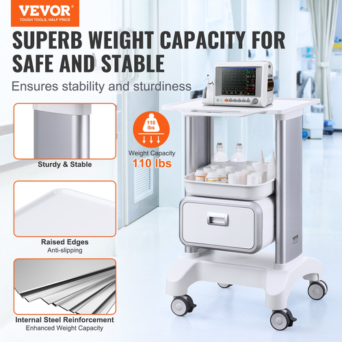 VEVOR 2 Tiers Lab Carts Κινητό ιατρικό καρότσι με 1 συρτάρι &amp; 1 επάνω δίσκο λευκό