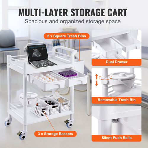 VEVOR 2 Tiers Lab Carts Κινητό ιατρικό καλάθι 2 δίσκοι 2 συρτάρια 3 κάδοι απορριμμάτων λευκό