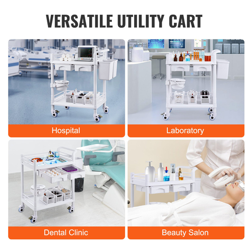 VEVOR 2 Tiers Lab Carts Κινητό ιατρικό καλάθι 2 δίσκοι 2 συρτάρια 3 κάδοι απορριμμάτων λευκό