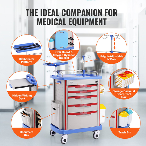 VEVOR 5 Tiers Lab Carts Κινητό ιατρικό καλάθι με 5 συρτάρια &amp; 2 κάδους απορριμμάτων μπλε