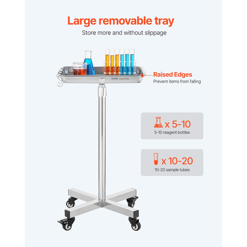 VEVOR Mobile Mayo Stand Δίσκος Mayo από ανοξείδωτο ατσάλι 25,2&quot;-39,8&quot; με αφαιρούμενο δίσκο