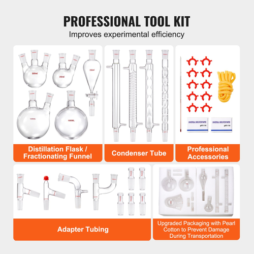 VEVOR Lab Distillation Kit, 3.3 Boro Lab Glassware Distillation Kit with 24, 40 Joint, 1000ml Esential Oil Distillation Apparatus Kit, 32 τμχ Σετ εξοπλισμού γυαλικών