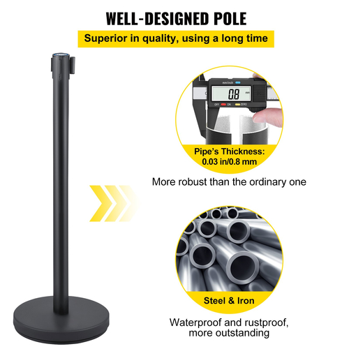 VEVOR Crowd Control Stanchion, σετ Stanchion 8 τεμαχίων, με μαύρη ανασυρόμενη ζώνη 6,6 ft/2 m, μαύρο φράγμα ελέγχου πλήθους με σκυρόδεμα και μεταλλική βάση, συναρμολόγηση Easy Connect