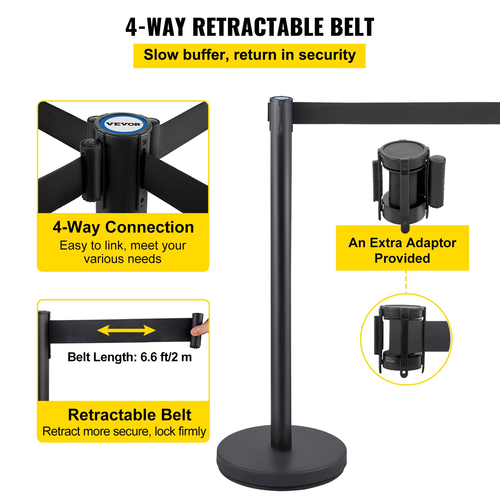 VEVOR Crowd Control Stanchion, σετ Stanchion 8 τεμαχίων, με μαύρη ανασυρόμενη ζώνη 6,6 ft/2 m, μαύρο φράγμα ελέγχου πλήθους με σκυρόδεμα και μεταλλική βάση, συναρμολόγηση Easy Connect