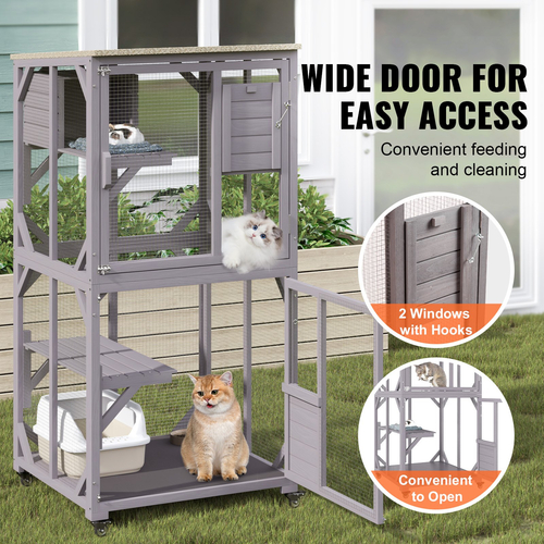 VEVOR Cat House Outdoor, 3 επιπέδων Large Catio, περίβλημα για γάτες με περιστρεφόμενους τροχούς 360°, 2 πλατφόρμες, ένα κουτί στήριξης και μεγάλη μπροστινή πόρτα, 29,9 x 34 x 64,1 ίντσες