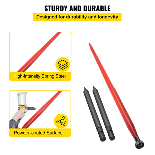 VEVOR Hay Spear 49\&quot; Bale Spear 3000 lbs, Bale Spike Quick Attach Square Hay Bale Spears 1 3/4\&quot; Wide, Red Coated Bale Forks, Bale Hay Spike with 2 Stabilizer Spears Conus 2
