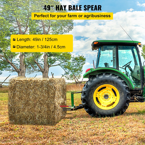 VEVOR Hay Spear 49&quot; Bale Spear 3000 lbs, Bale Spike Quick Attach Square Hay Bale Spears, Red Coated Bale Spear, Bale Hay Spike with 2 Stabilizer Spears