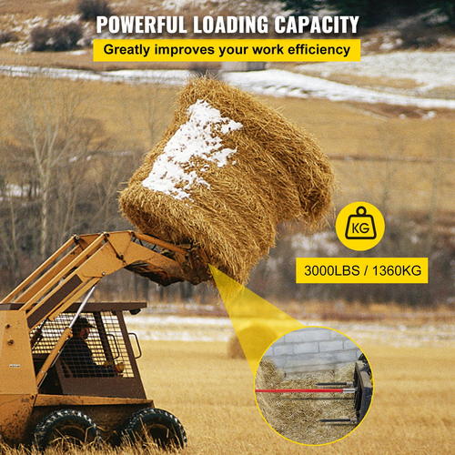 VEVOR Hay Spear 49&quot; Bale Spear 3000 lbs, Bale Spike Quick Attach Square Hay Bale Spears, Red Coated Bale Spear, Bale Hay Spike with 2 Stabilizer Spears