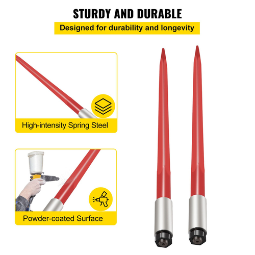 VEVOR Pair Hay Spear 39&quot; Bale Spear 3000 lbs, Bale Spike Quick Attach Square Hay Bale Spears 1 3/4&quot;, Red Coated Bale Forks, Bale Hay Spike with Hex Nut &amp; Sleeve for Buckets Tractors Loaders