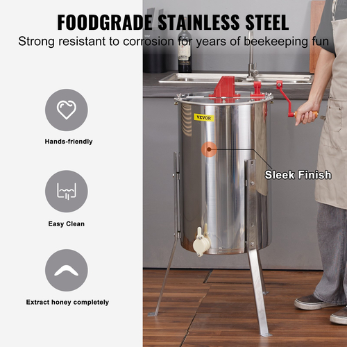 VEVOR Manual Honey Extractor, 2/4 Frames Honey Spinner Extractor, Ανοξείδωτο ατσάλι μελισσοκομική εξαγωγή, κυψελωτό τύμπανο με καπάκι, φυγοκεντρικός εξοπλισμός μελισσοκομίας με βάση ρυθμιζόμενου ύψους