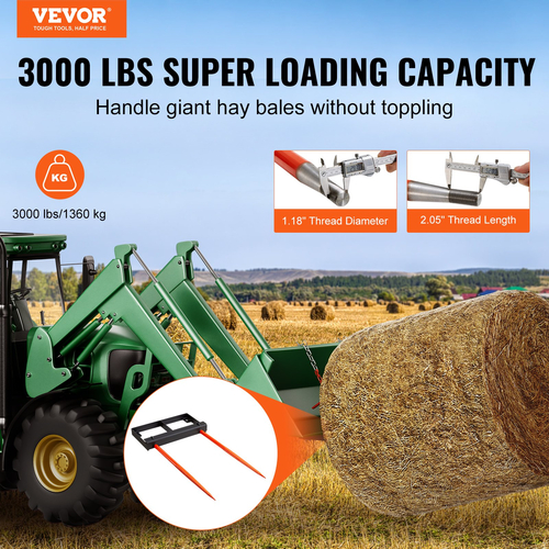 VEVOR 49&quot; Hay Spear, Bale Spears 3000lbs Loading Capacity, Skid Steer Loader Tractor Bucket Attachment with 2 τμχ 17,5&quot; Stabilizer Spears and 60&quot; Chain, Quick Attach Spike Forks
