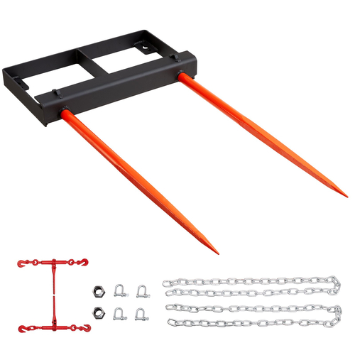VEVOR 49&quot; Hay Spear, Bale Spears 3000lbs Loading Capacity, Skid Steer Loader Tractor Bucket Attachment with 2 τμχ 17,5&quot; Stabilizer Spears and 60&quot; Chain, Quick Attach Spike Forks