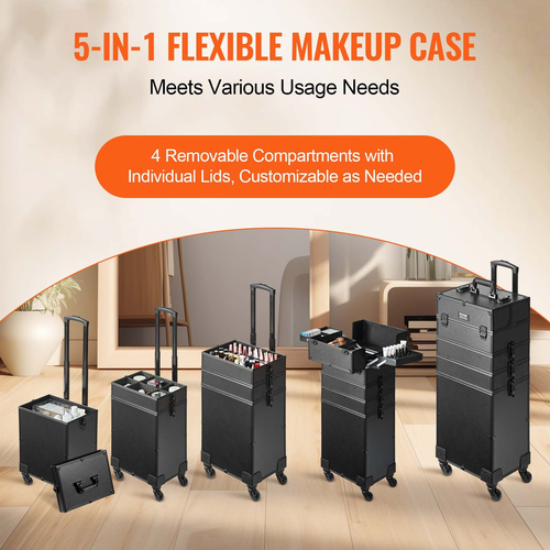 VEVOR 5 in 1 Professional Makeup Train Case Θήκη καλλυντικής αλουμινίου, κυλιόμενη θήκη μακιγιάζ Εξαιρετικά μεγάλο καρότσι μακιγιάζ Travel Organizer, με περιστρεφόμενους τροχούς 360° &amp; Ρυθμιζόμενη ράβδο έλξης, Μαύρη