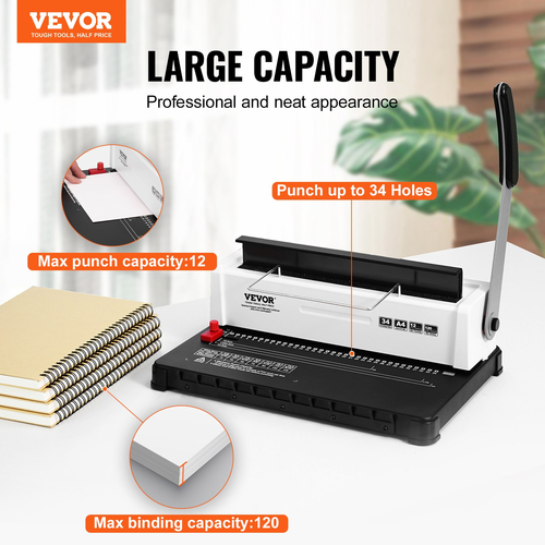 VEVOR Coil Spiral Binding Machine, Manual Book Maker 34-Holes Binding 120 Sheets, Punch Binder Adjustable 3/16&quot; - 9/16&quot; Coil Binding Spines, for Letter Size, A4, A5