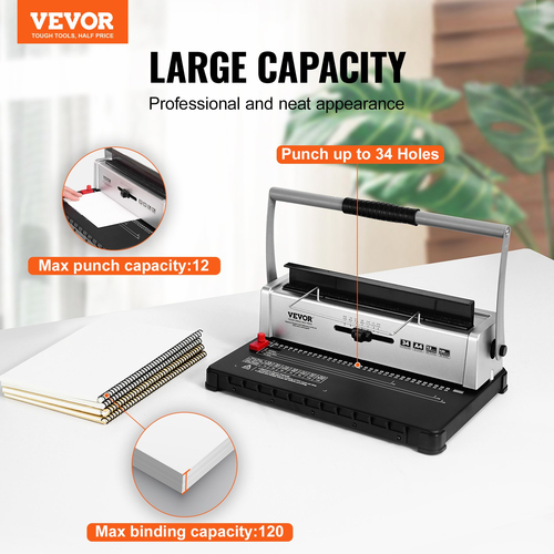 VEVOR Coil Spiral Binding Machine, Manual Book Maker 34-Holes Binding 120 Sheets, Punch Binder with Adjustable 3/16&quot; - 9/16&quot; Coil Binding Spines and Side Margin, for Letter Size, A4, A5