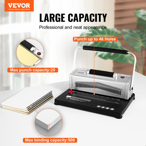 VEVOR Coil Spiral Binding Machine, Manual Book Maker with Electric Binding, 46-holes Binding 500 Sheets Punch Binder, with 100pcs 5/16&#039;&#039; Coil Binding Spines, for Letter Size, A4, A5