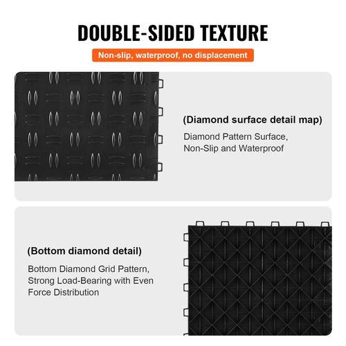 VEVOR Πλακάκια γκαράζ Interlocking, 12 x 12 x 0,53 ιντσών 50 Pack Πλακάκια δαπέδου γκαράζ, αντιολισθητικά πλακάκια δαπέδου γκαράζ διπλής όψης, για γκαράζ, υπόγεια, επισκευαστήρια, μαύρο