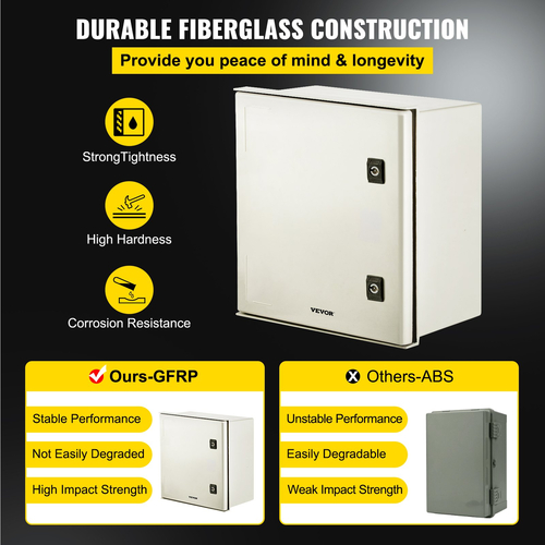 VEVOR NEMA Ατσάλινο περίβλημα, 16 x 16 x 8\&#039;\&#039; NEMA 4X Fiberglass Electrical Box, IP66 Αδιάβροχο &amp; Αδιάβροχο, Ηλεκτρικό κουτί διακλάδωσης εξωτερικού/εσωτερικού χώρου, με πλάκα τοποθέτησης (40 x 40 x 20 cm)