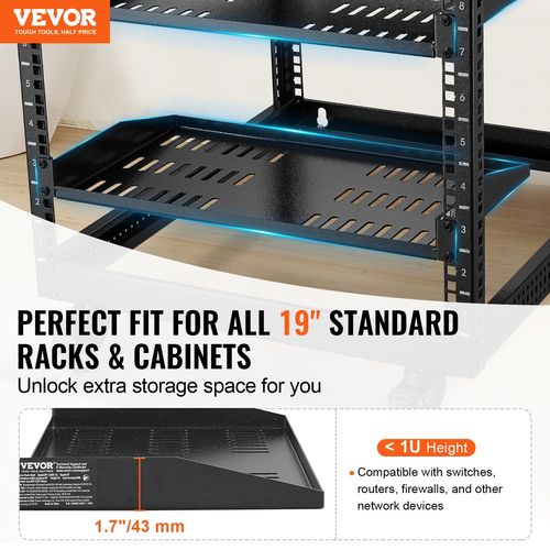 VEVOR 2PCS 1U Ράφι ραφιών διακομιστή 10&quot;/254 mm Βάθος αεριζόμενο ράφι ράφι βάσης