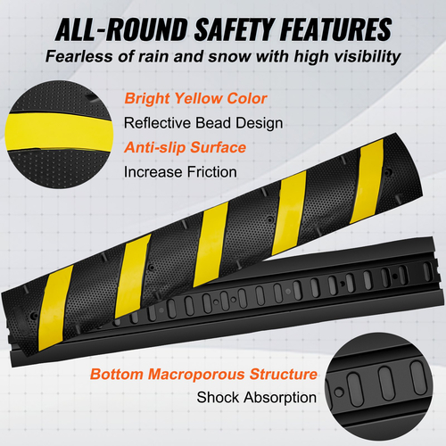 VEVOR 6 ft/72&#039;&#039; Rubber Speed ​​Hump, 2 Channel, Load Capacity 22000 lbs Heavy Duty Traffic Speed ​​Bump, με κίτρινη λωρίδα υψηλής ανακλαστικής 4 βίδες εκτόνωσης και 1 τρυπάνι, για δρόμους από ασφάλτινο σκυρόδεμα