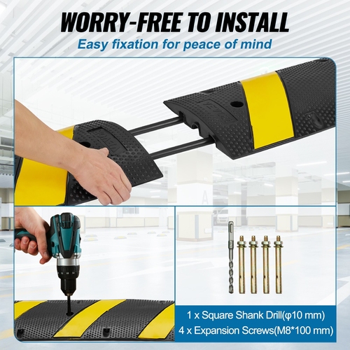 VEVOR 6 ft/72&#039;&#039; Rubber Speed ​​Hump, 2 Channel, Load Capacity 22000 lbs Heavy Duty Traffic Speed ​​Bump, με κίτρινη λωρίδα υψηλής ανακλαστικής 4 βίδες εκτόνωσης και 1 τρυπάνι, για δρόμους από ασφάλτινο σκυρόδεμα