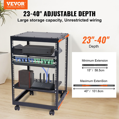 VEVOR 15U Open Frame Rack Server, Ρυθμιζόμενο βάθος 15&#039;&#039;-40&#039;&#039;, Free Standing ή Wall Mount Network Server Rack, 4 Post AV Rack with Casters, Συγκρατεί όλο τον εξοπλισμό πληροφορικής δικτύωσης Μόντεμ AV Gear Router