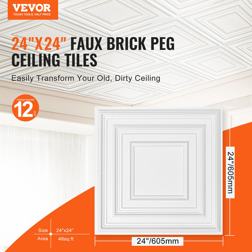 Πλακάκια οροφής VEVOR 12-συσκευασία 24 x 24 σε PVC εύκολης εγκατάστασης Λευκό μοτίβο μανταλάκι