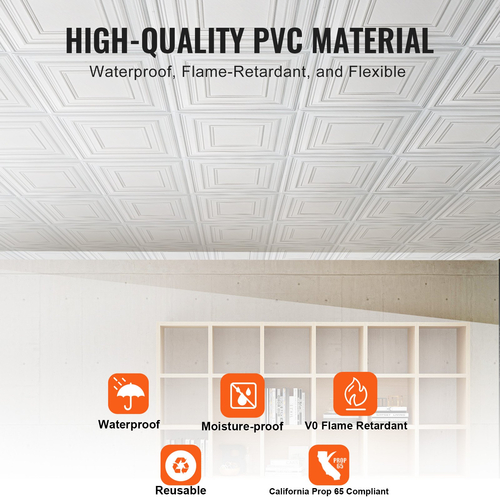 Πλακάκια οροφής VEVOR 12-συσκευασία 24 x 24 σε PVC εύκολης εγκατάστασης Λευκό μοτίβο μανταλάκι