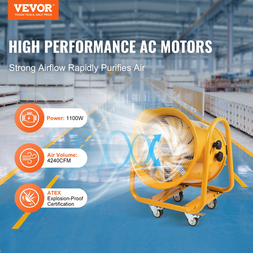 VEVOR 406,4mm Εξαγωγέας Ανεμιστήρας Φορητός Βιομηχανικός Αναπνευστήρας Καλωδίου Ρεύματος 5m