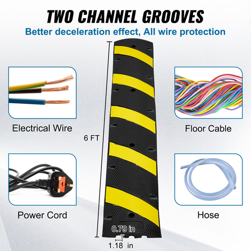VEVOR 2PCs 6 ft/72&#039;&#039; Rubber Speed ​​Hump, 2 Channel, 22000 lbs Χωρητικότητα Heavy Duty Traffic Speed ​​Bump, με κίτρινη λωρίδα υψηλής ανακλαστικής 8 βίδες διαστολής και 1 τρυπάνι, για δρόμους από ασφάλτινο σκυρόδεμα