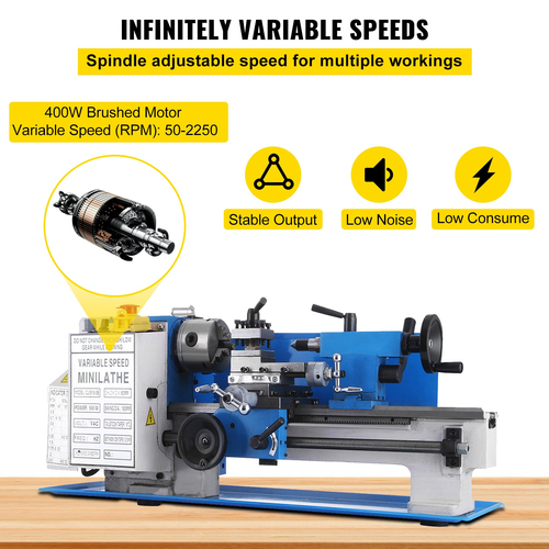 VEVOR Mini Metal Lathe 7x12 Inch Precision Variable Speed ​​2250RPM 400W Ζυγαριά Τηλεσκοπικά Σετ Μεταλλικό Ξύλο Επεξεργασίας Τόρνος Αυτόματος με τσοκ 3 σιαγόνων με αυτοκεντρικό τσοκ